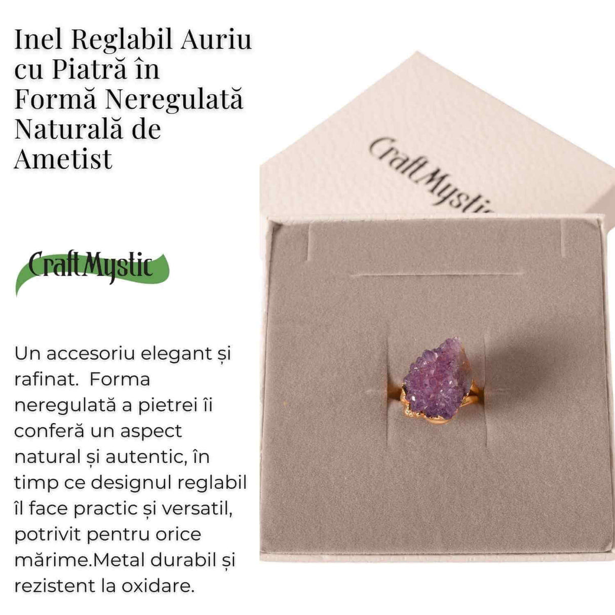 Inel usor Reglabil Auriu cu Ametist Natural Brut - Claritate Mentala si Protectie Energetica