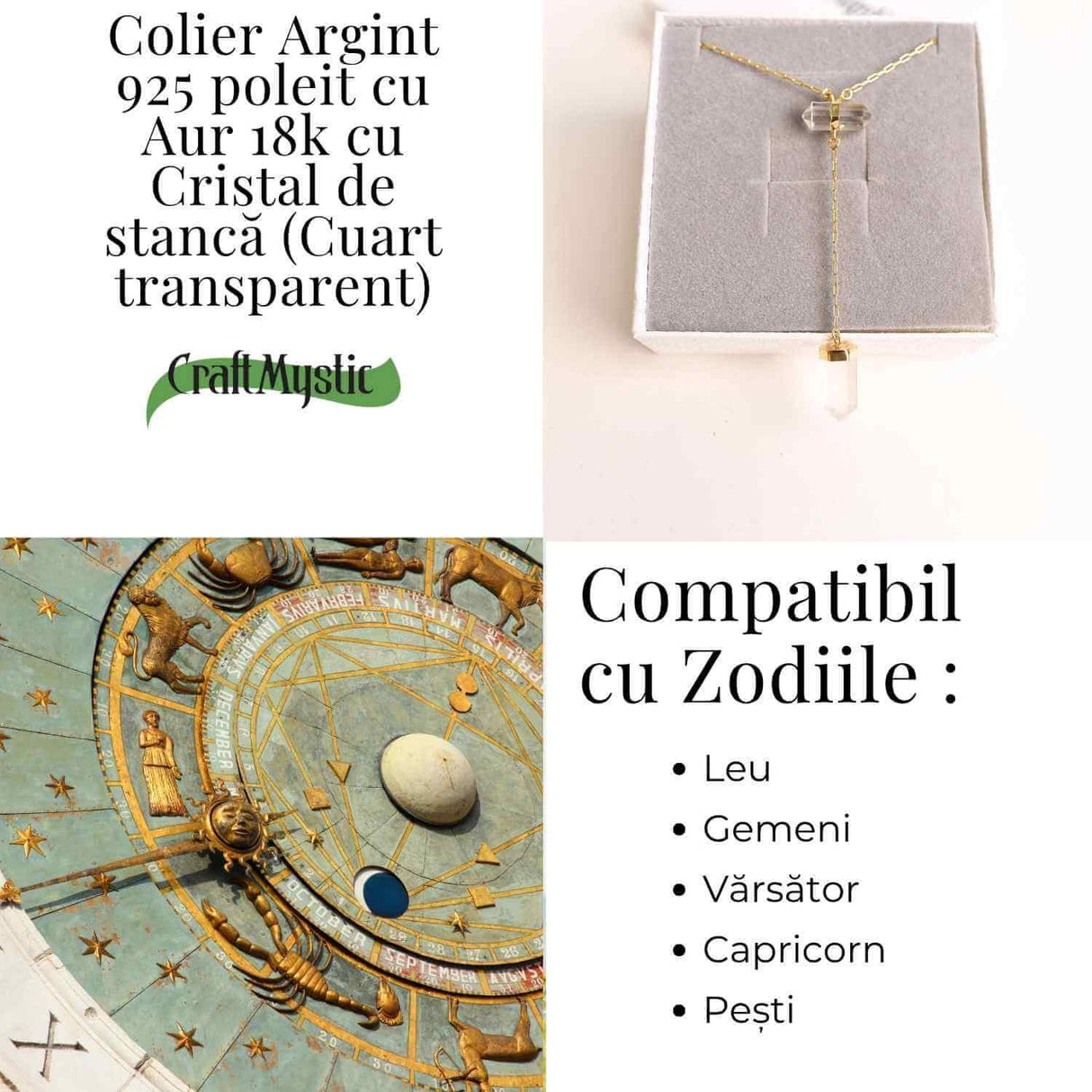 Colier Turnulet din Dublu Cuart de Stanca - Claritate Mentala si Protectie Energetica - Argint 925 Placat cu Aur 18K