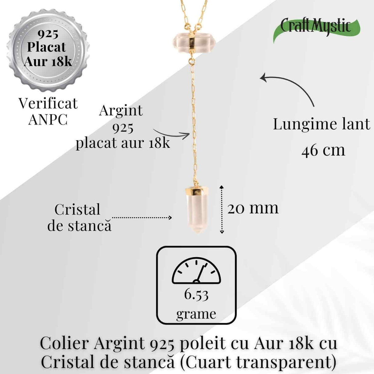 Colier Turnulet din Dublu Cuart de Stanca - Claritate Mentala si Protectie Energetica - Argint 925 Placat cu Aur 18K