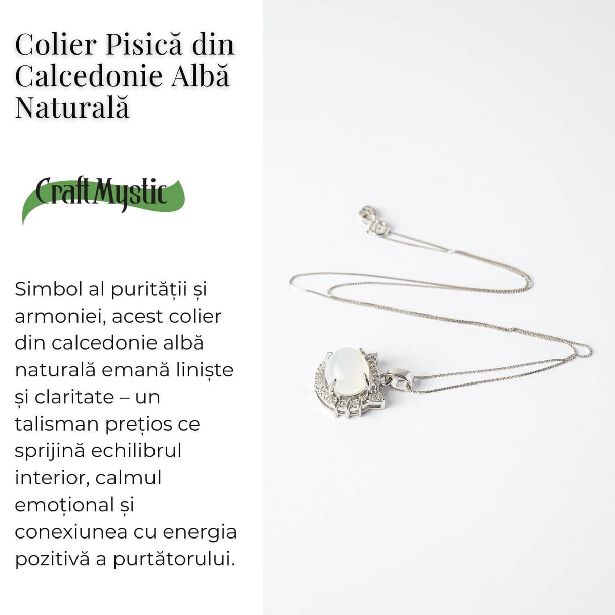 Puritate si Armonie -Colier pisica din calcedonie alba naturala cu lant din argint 925