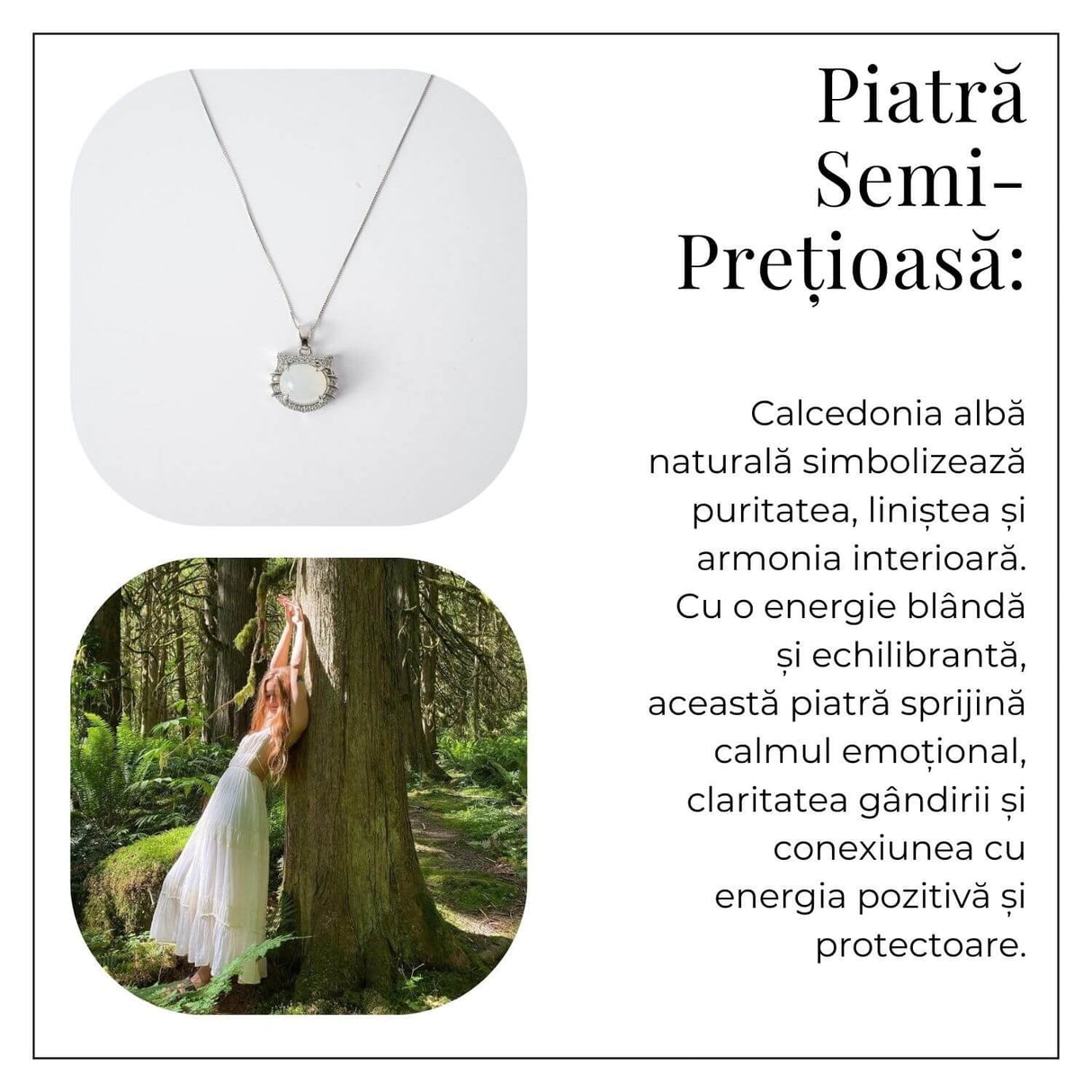 Puritate si Armonie -Colier pisica din calcedonie alba naturala cu lant din argint 925