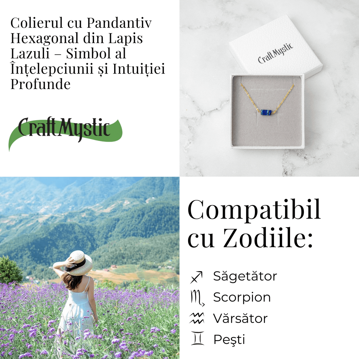 Intelepciune si Claritate - Colier cu Pandantiv Hexagonal din Lapis Lazuli Natural pe Lant de Cupru