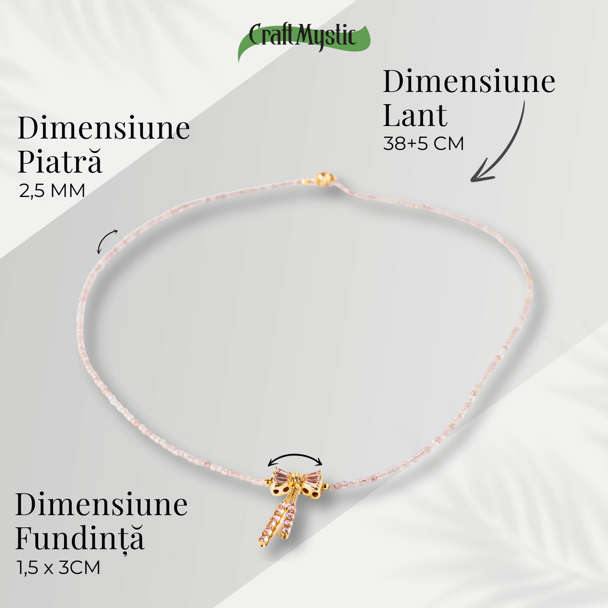 Iubire si Delicatețe - Colier din Cuart Roz Fatetat cu Fundita