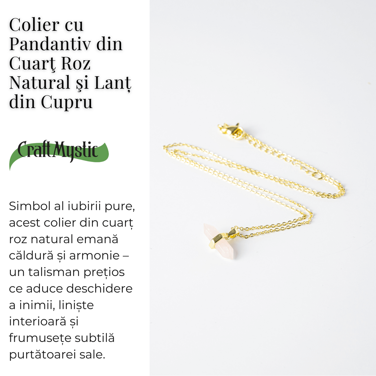 Colier cu Pandantiv Dublu Punct din Cuart Roz si Lant Auriu