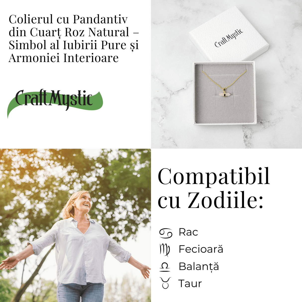 Colier cu Pandantiv Dublu Punct din Cuart Roz si Lant Auriu