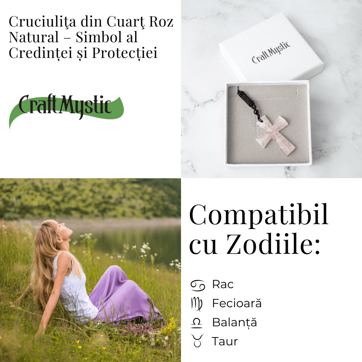 Iubire si Armonie - Colier Cruce din Cuart Roz Natural