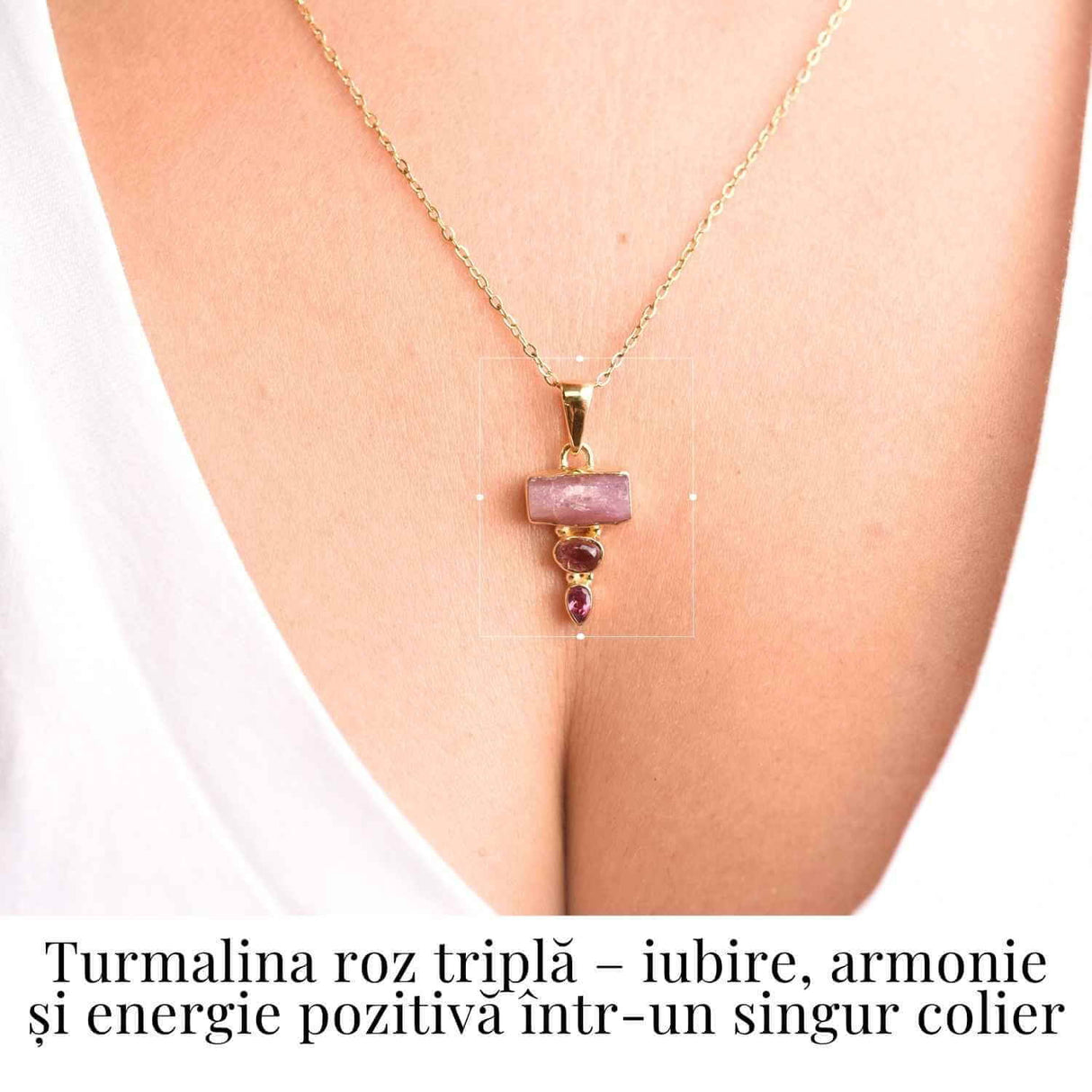 Iubire si Armonie Interioara - Colier inox si pandantiv argint 925 placat cu aur de18k si Triplu Turmalina Roz