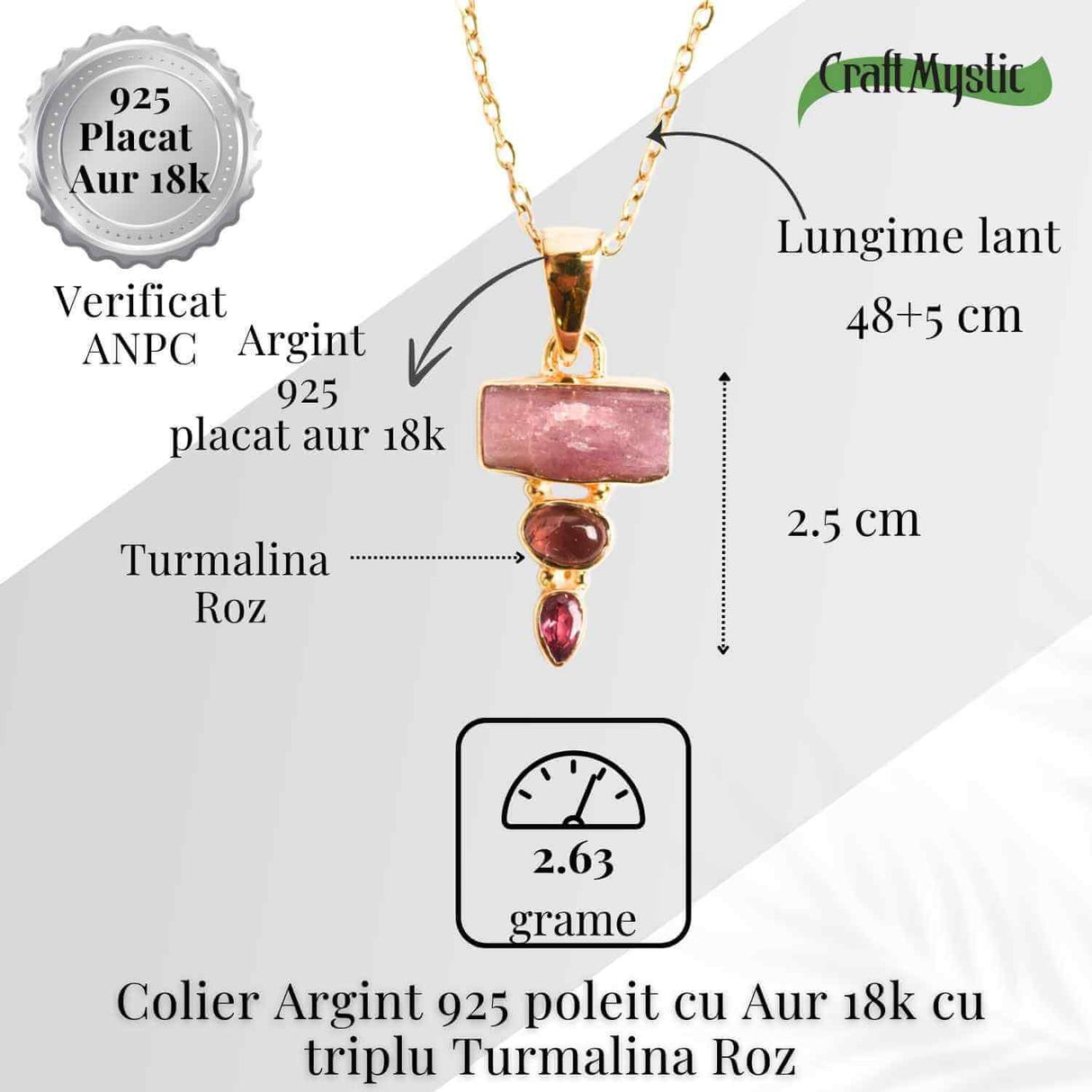 Iubire si Armonie Interioara - Colier inox si pandantiv argint 925 placat cu aur de18k si Triplu Turmalina Roz
