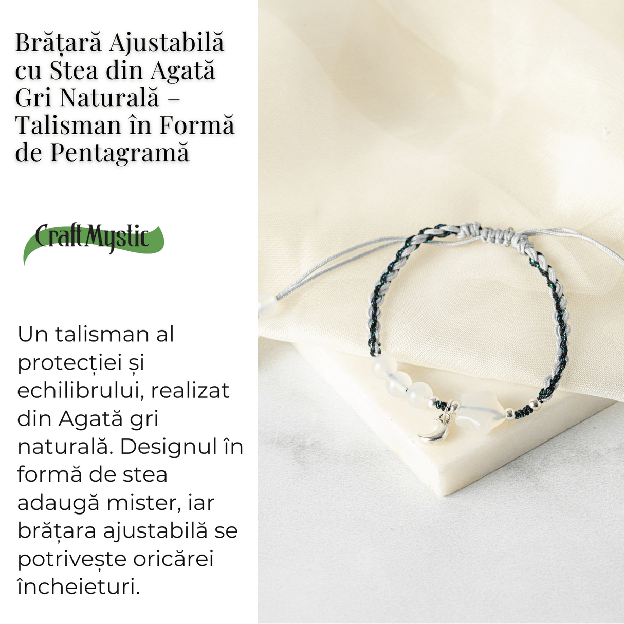 Bratara ajustabila cu stea si semiluna din Agat gri natural - Talisman al protectiei si echilibrului