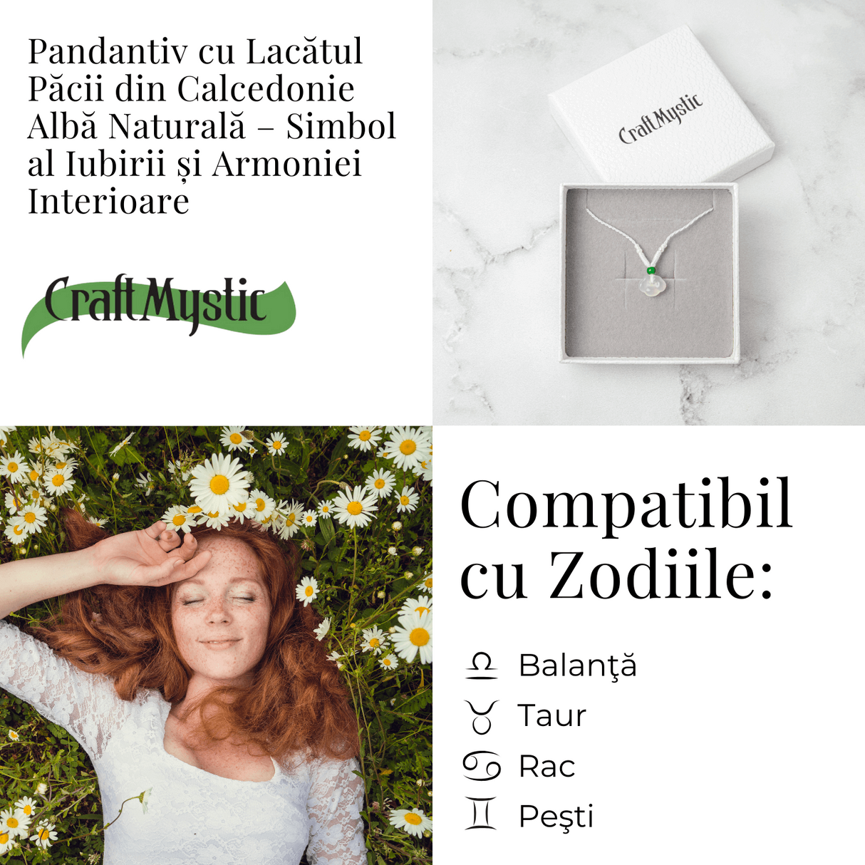 Protectie si Liniste Interioara - Colier Lacat al Pacii din Calcedonie Alba Naturala