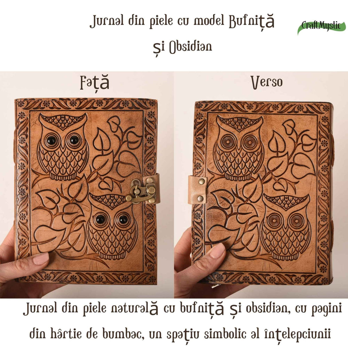 Jurnal din piele naturala cu Bufnita si Obsidian 20x15 cm – Protectie si Claritate Interioara