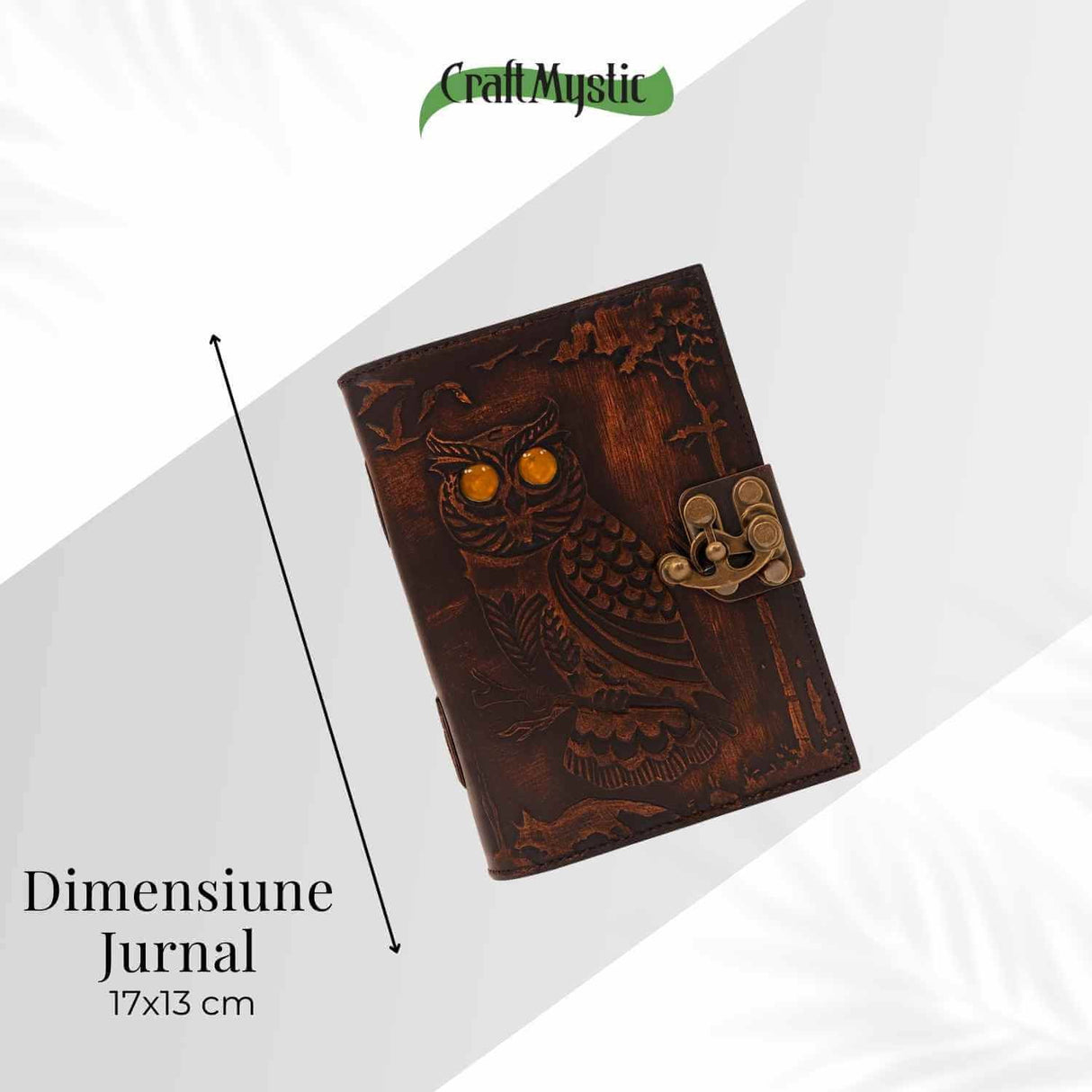Jurnal din Piele Naturala cu Bufnita si Piatra Decorativa Galbena