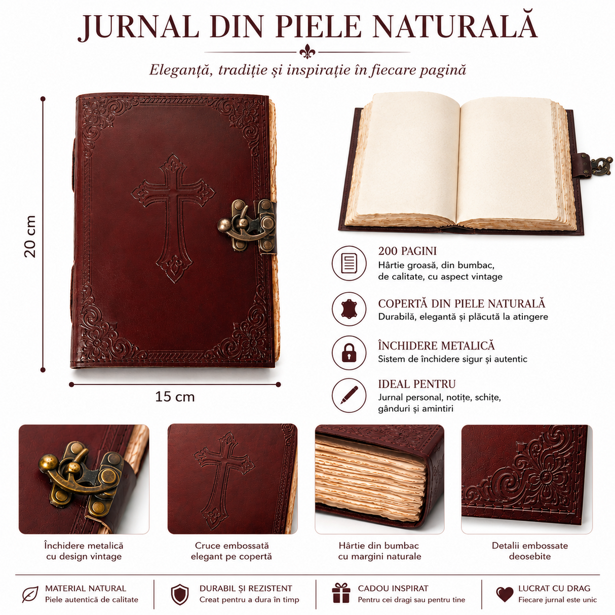 Jurnal din Piele Naturala cu Cruce Embosata – Eleganta Vintage si Inspiratie Zilnica