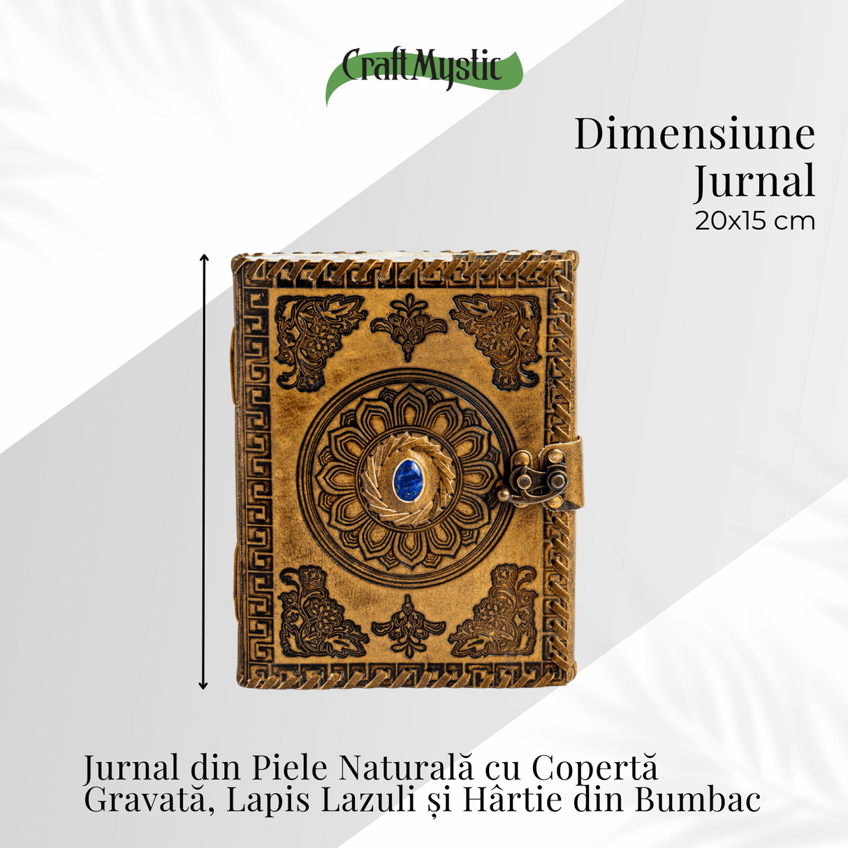 Jurnal din piele naturala autentic cu coperta gravata si piatra naturala Lapis Lazuli si hartie bumbac galbena