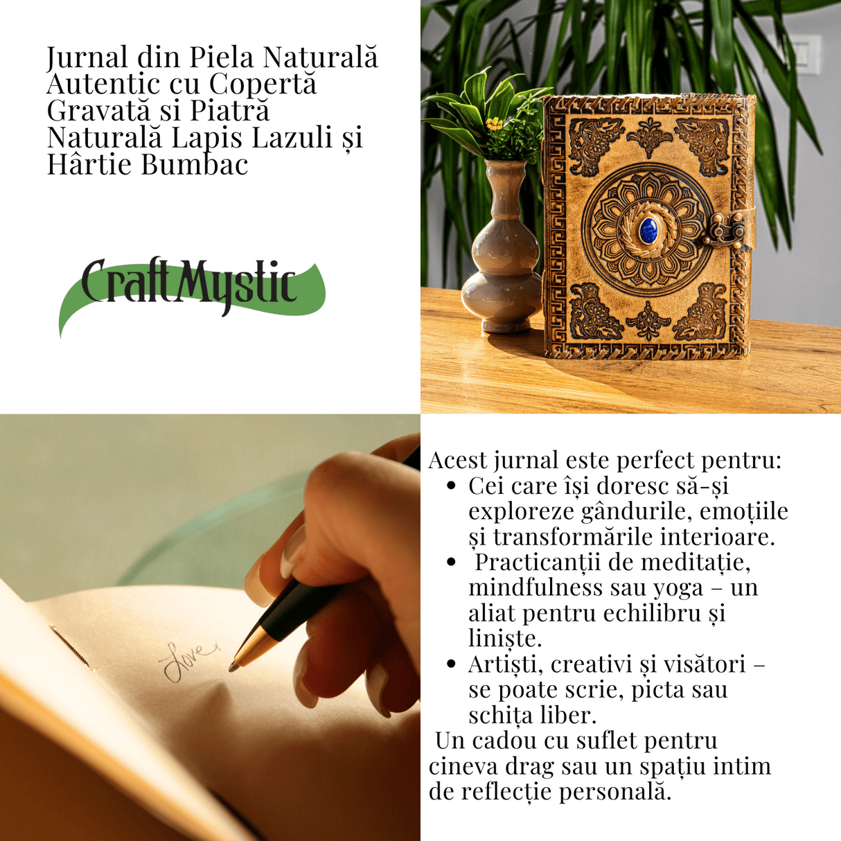 Jurnal din piele naturala autentic cu coperta gravata si piatra naturala Lapis Lazuli si hartie bumbac galbena