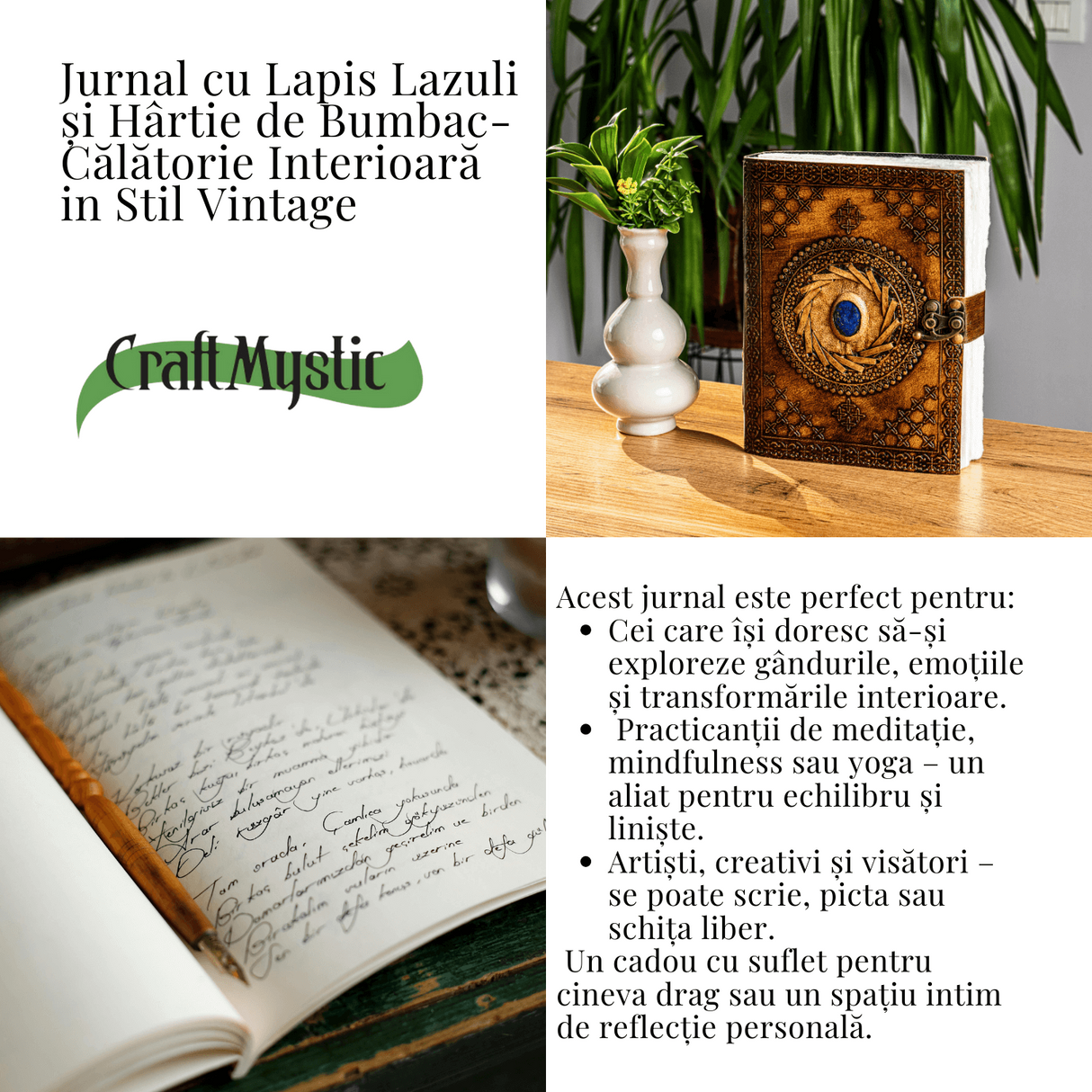 Jurnal din piele naturala cu Lapis Lazuli si hartie de bumbac - Calatorie interioara in stil vintage