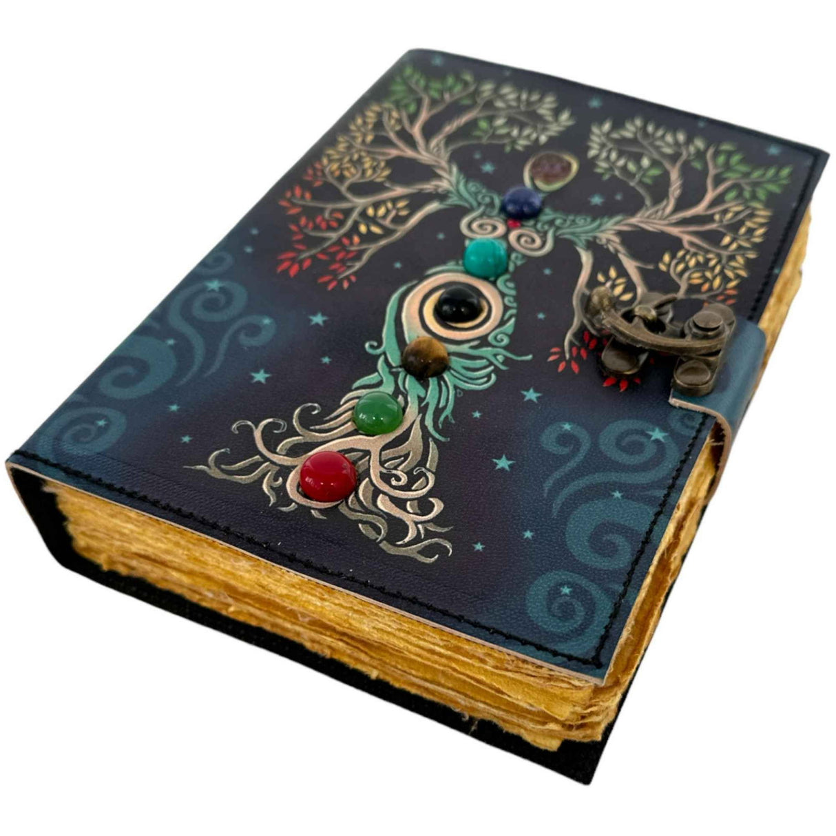 Jurnal vintage pentru magie model "Book of Shadow" cu 7 pietre pentru cele 7 chakre - Jurnal cu inchidere cu lacat, handmade din piele vintage 20x15 cm
