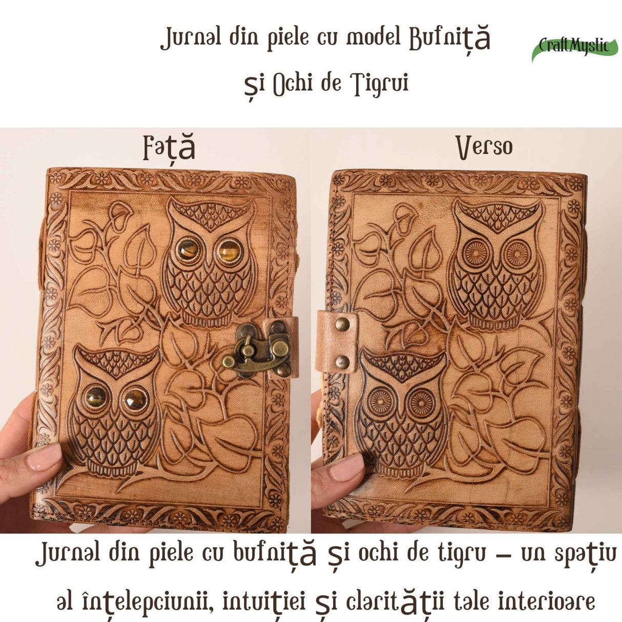 Jurnal din piele naturala model Bufnita si Ochi de Tigru 17x13 cm – Intelepciune si Claritate Interioara