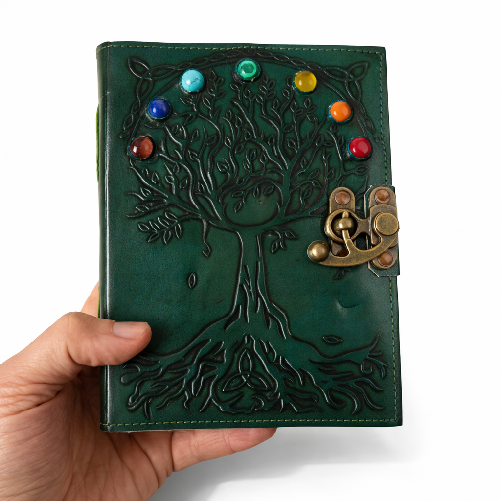 Jurnal Vintage din Piele Naturala cu Arborele Chakrelor si 7 Pietre – hartie de bumbac 18x13 cm