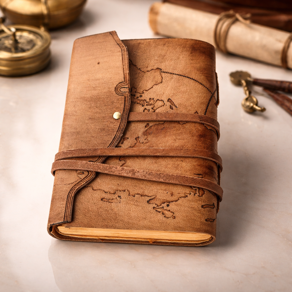 Jurnal Medieval din Piele Naturala cu Harta – Cronicile Exploratorului 18x13 cm