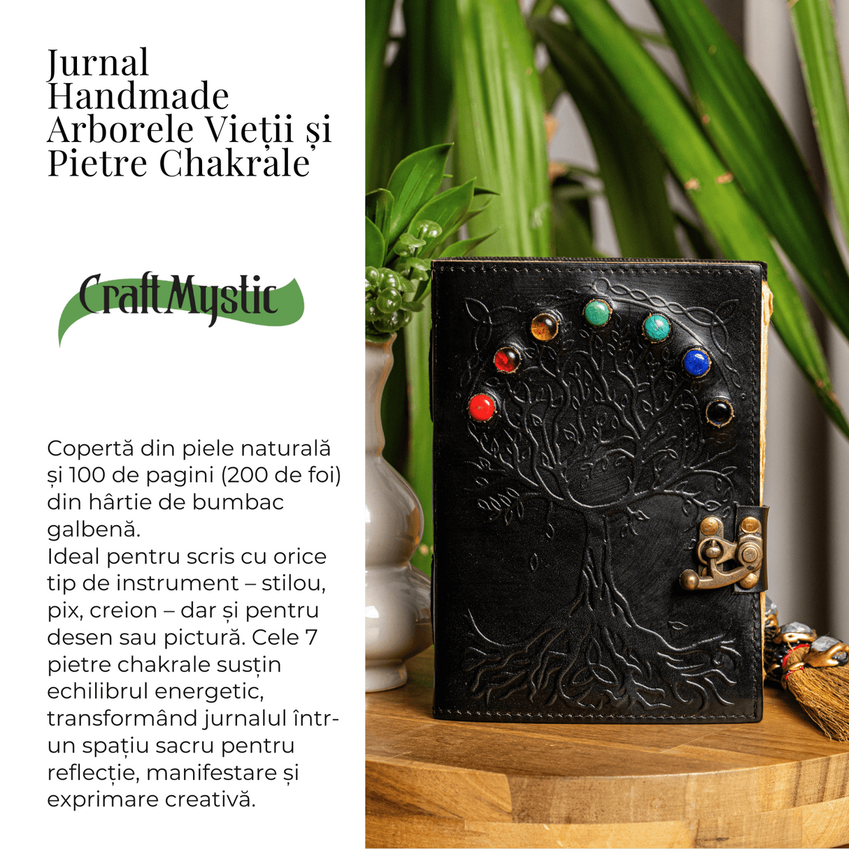 Jurnal Vintage Negru cu Arborele Vietii si 7 Pietre Chakre - Handmade, Piele Naturala