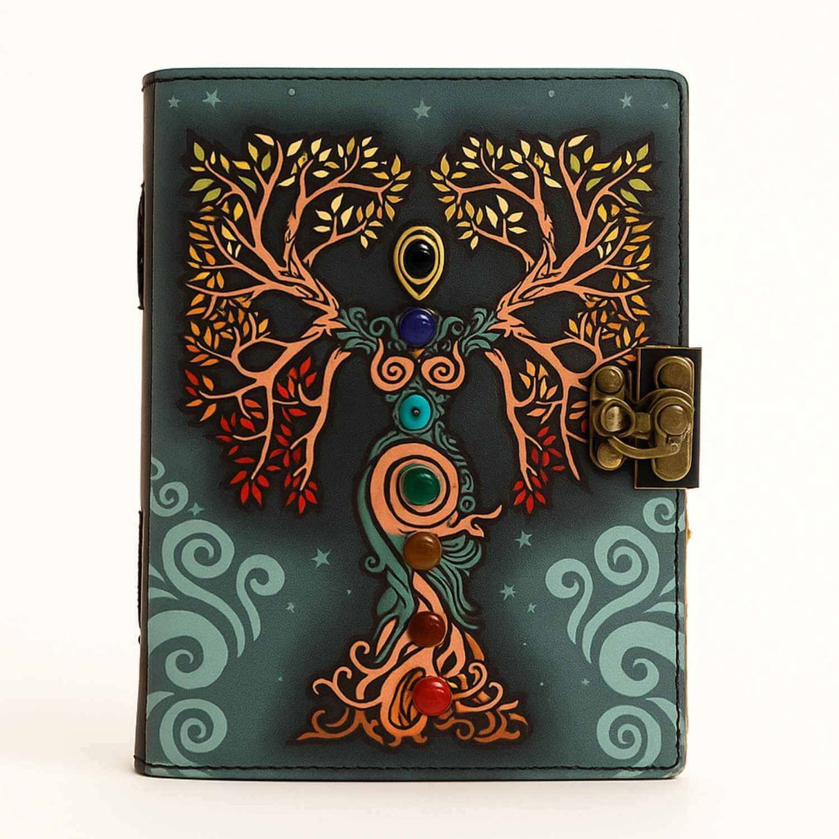 Jurnal vintage pentru magie model "Book of Shadow" cu 7 pietre pentru cele 7 chakre - Jurnal cu inchidere cu lacat, handmade din piele vintage 20x15 cm