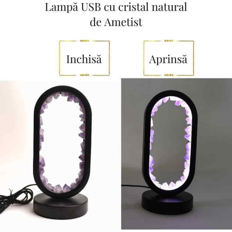 Lampa de noapte ovala cu cristale ametist brut – Lumina calmanta si protectie energetica