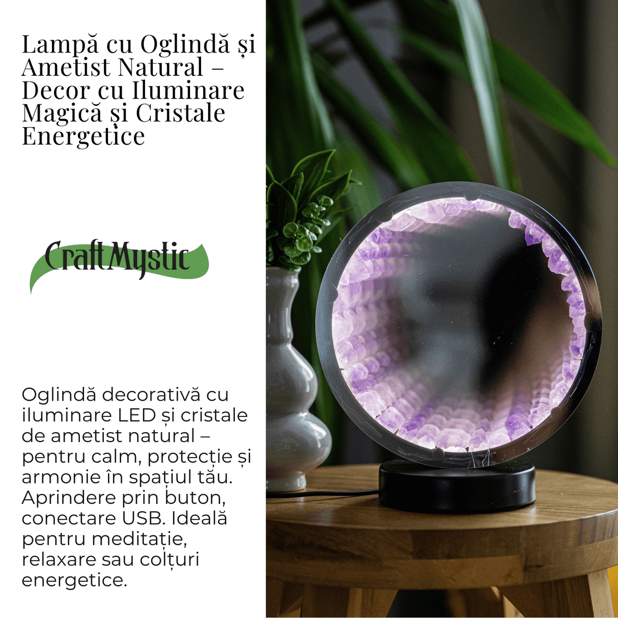 Lampa cu Oglinda si Ametist Natural - Decor cu Iluminare Magica si Cristale Energetice