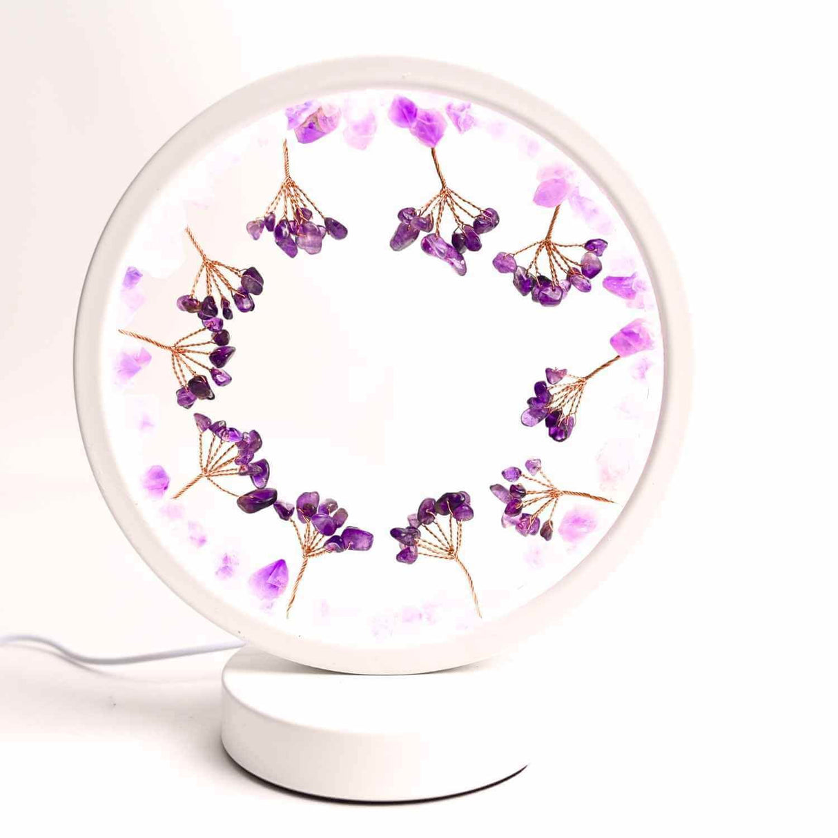 Lampa de noapte rotunda cu cristale ametist brut si rulat – energie pozitiva pentru relaxare