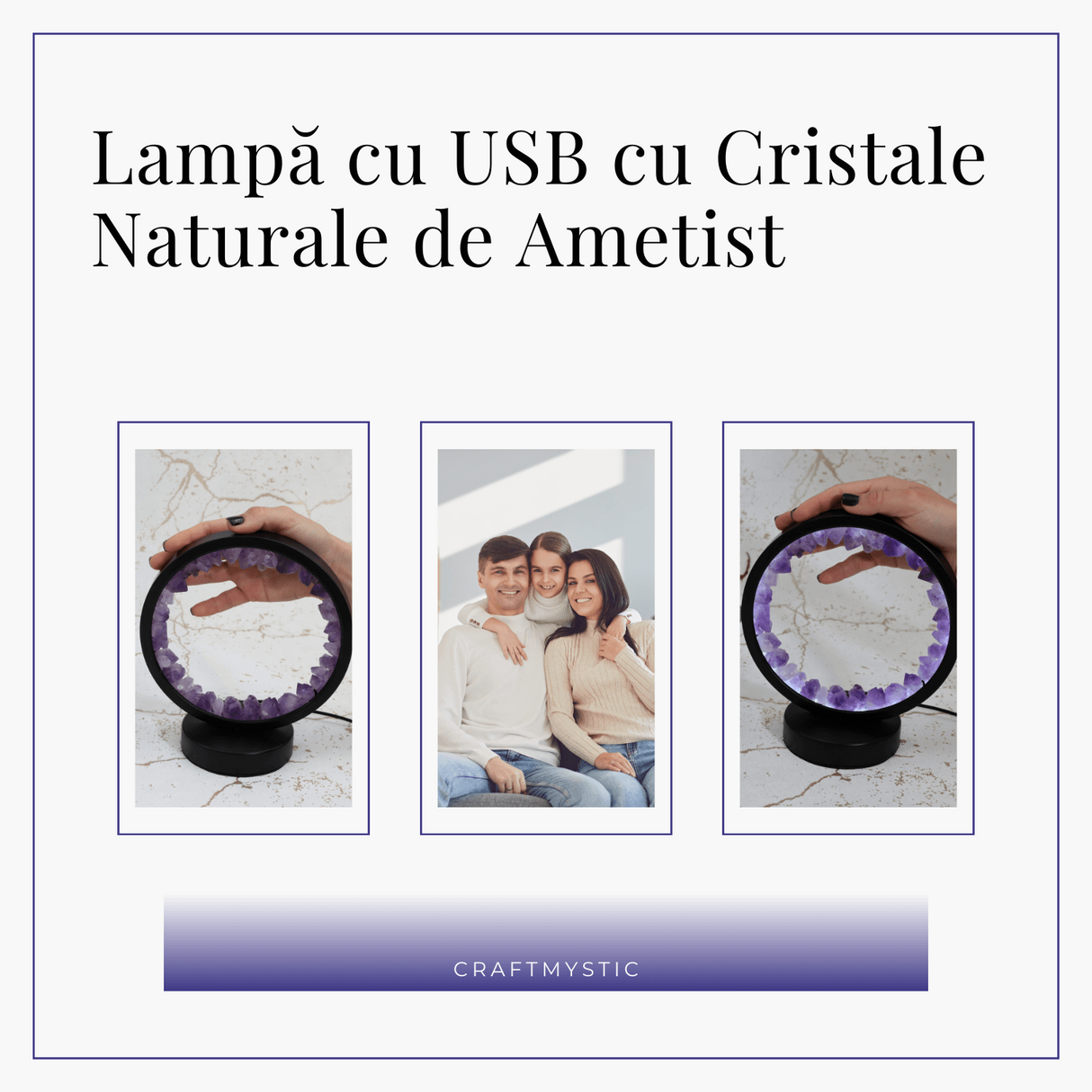 Lampa rotunda de Noapte Naturala cu Cristal de Ametist - USB, Decor Acasa