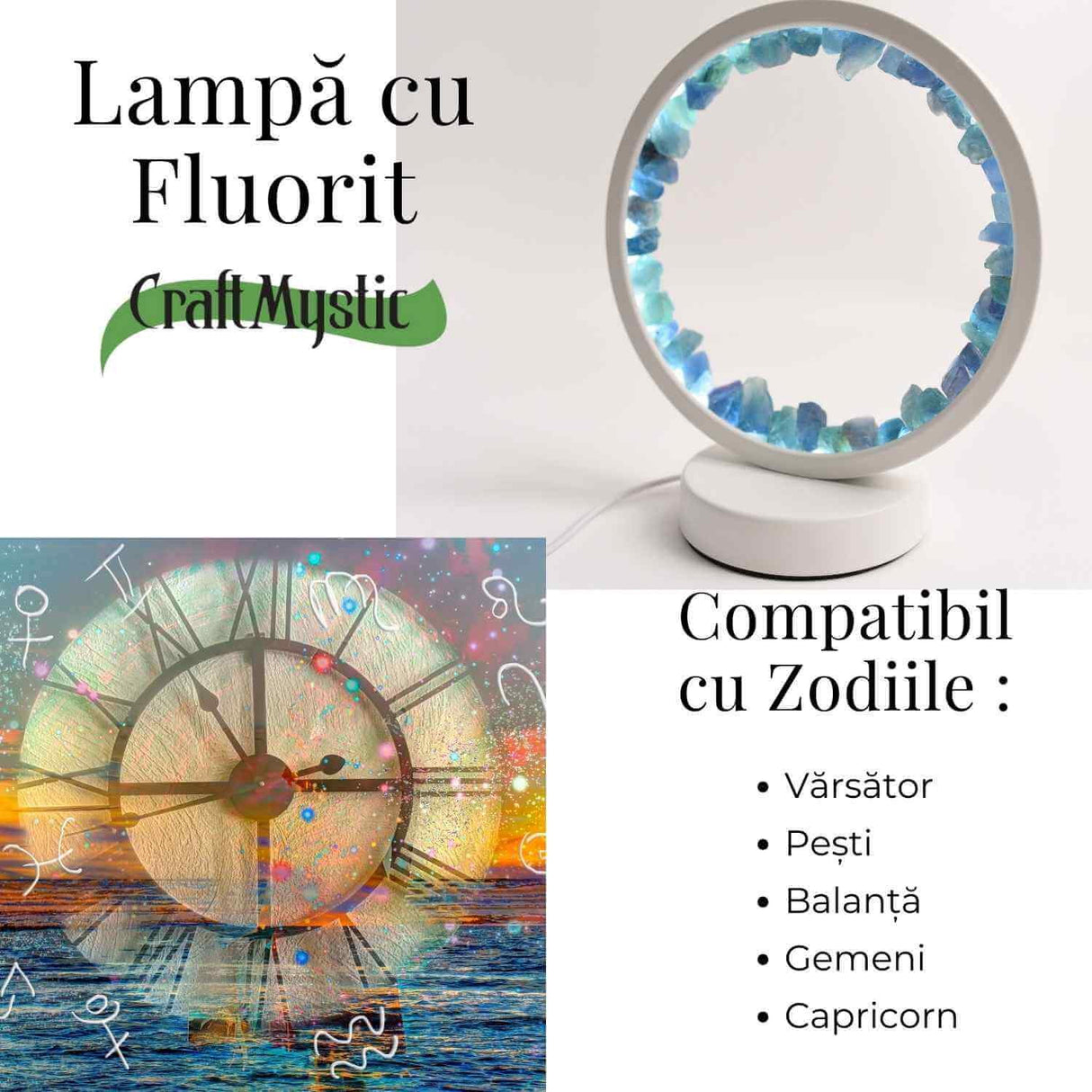 Lampa de noapte rotunda cu cristale fluorit - Echilibru si calm pentru orice camera