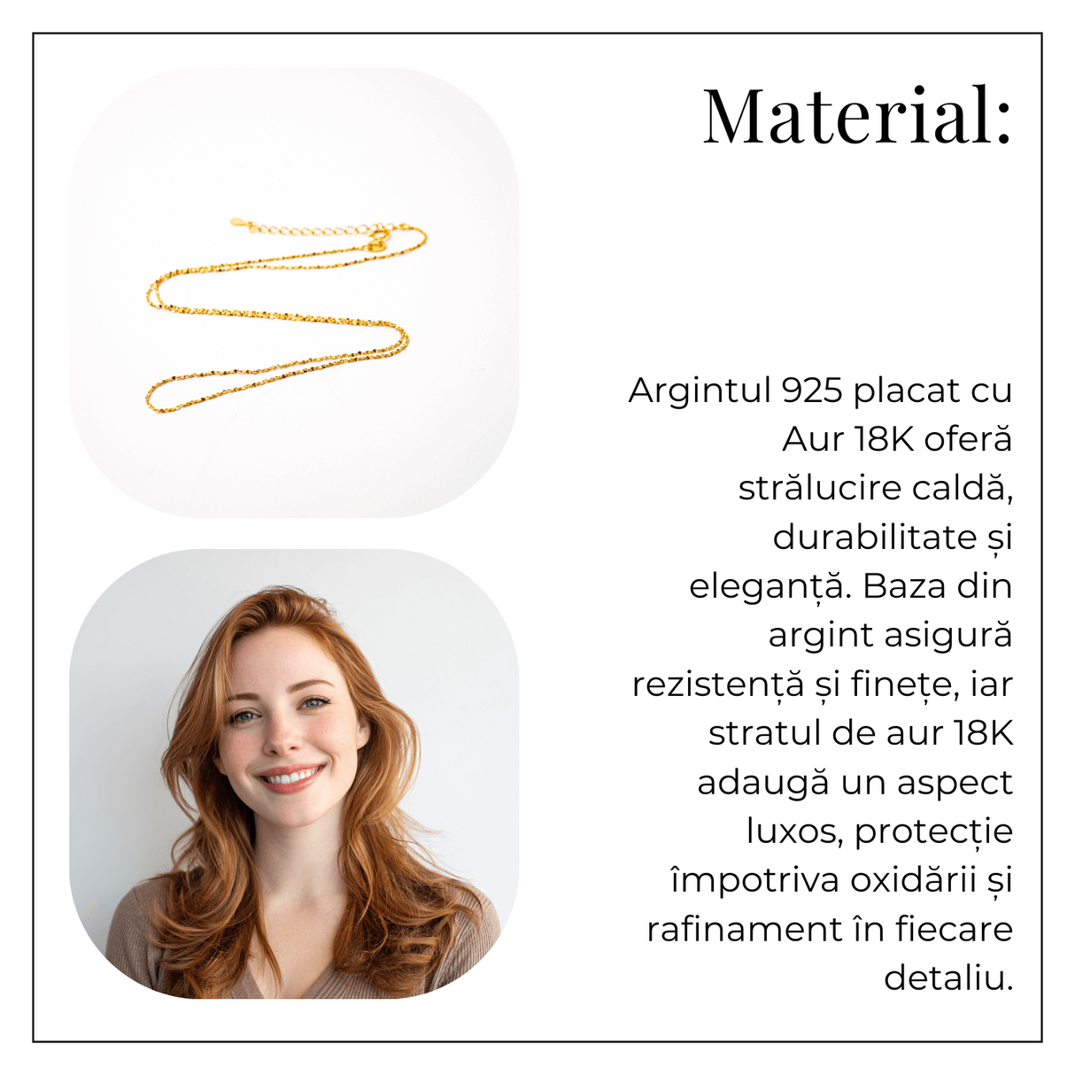 Lant din Argint 925 Placat cu Aur 18K - Subtire, Stralucitor, Reglabil
