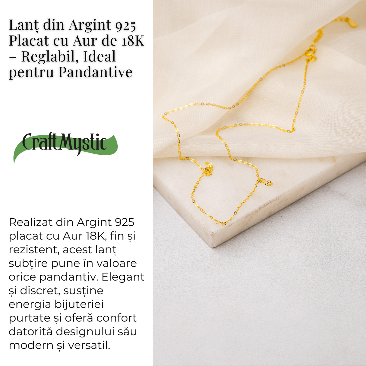 Lant Argint 925 Placat cu Aur 18K - Elegant, Ajustabil si Ideal pentru Pandantive