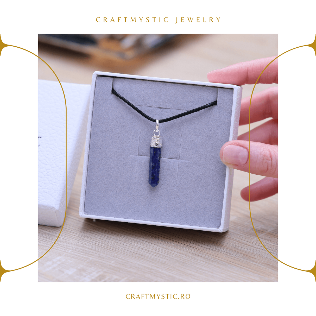 Colier Reglabil cu Pandantiv 35mm Varf de Lapis Lazuli cu 6 Fete