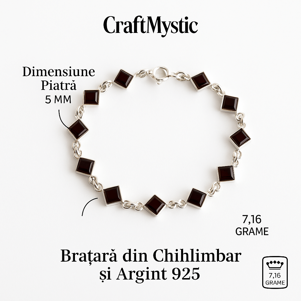 Bratara montura argint 925 cu chihlimbar rosu inchis - Geometrie si rafinament natural
