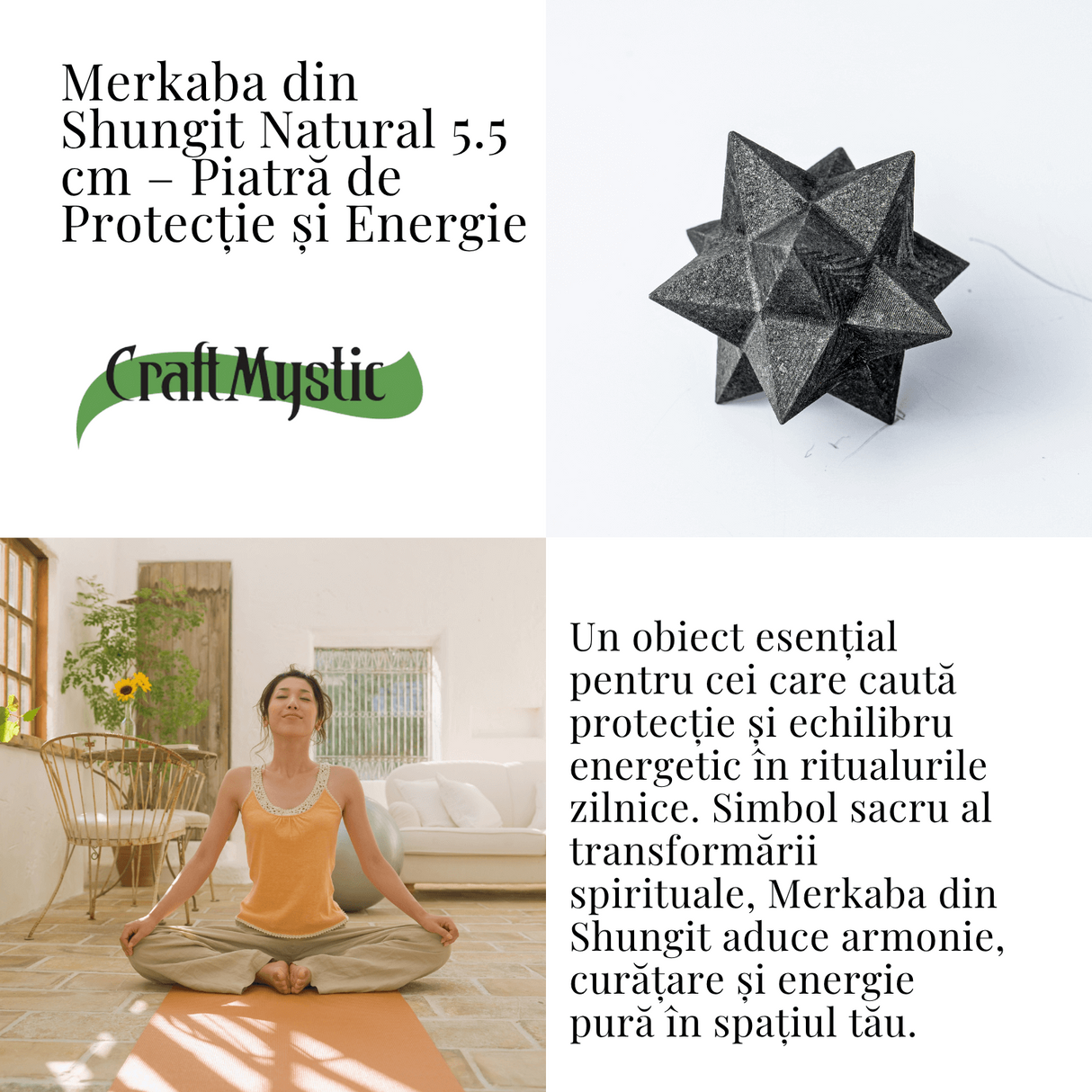 Merkaba din Shungit Natural 5.5 cm – Stea Sacra de Protectie, Purificare si Armonie Energetica
