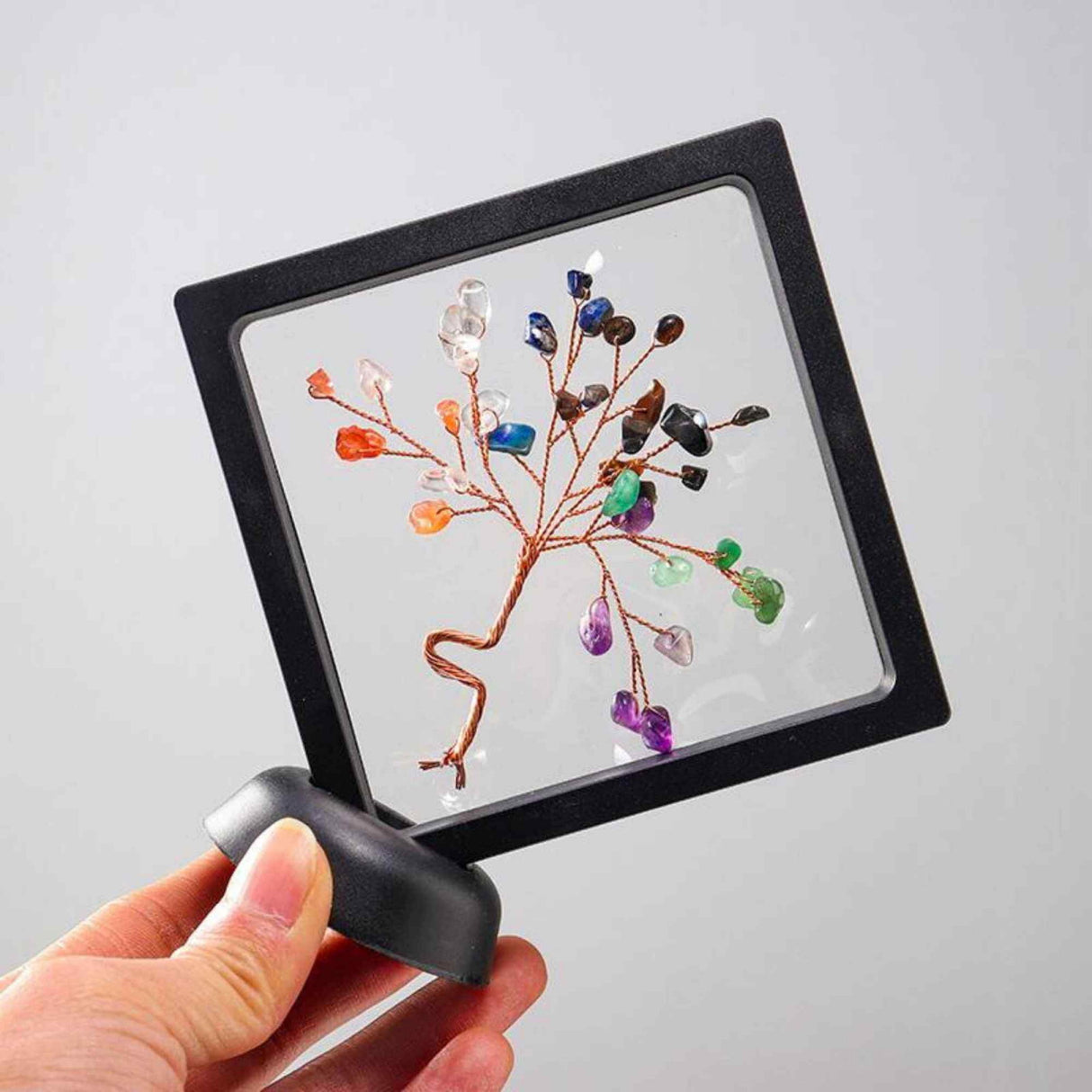 Mini copacel 12 cm din pietre semipretioase Ametist in rama neagra - Ornamente pentru casa reiki cu copaci norocosi