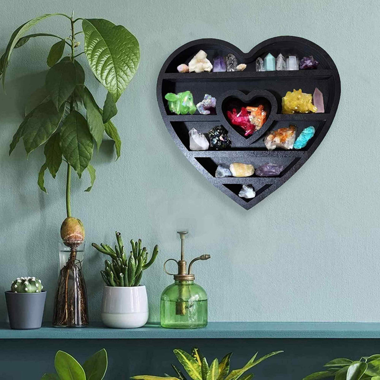 Mini Raft 30x30 cm expunere din lemn pentru cristale, uleiuri esentiale design inima - Decor pentru camera cu forma inima