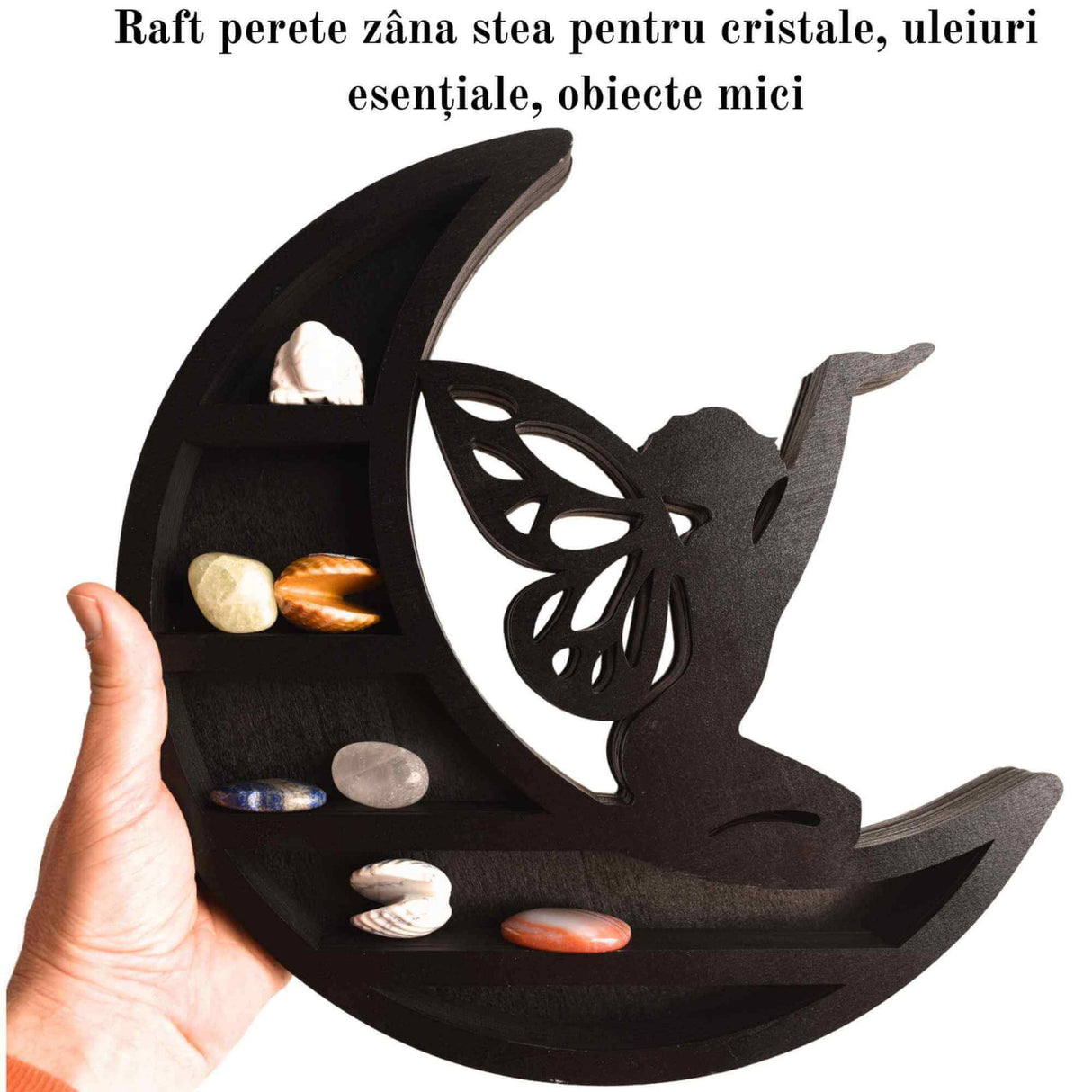 Mini Raft negru 30x30 cm expunere din lemn pentru cristale, uleiuri esentiale design Luna Stea - Decorare pentru camera