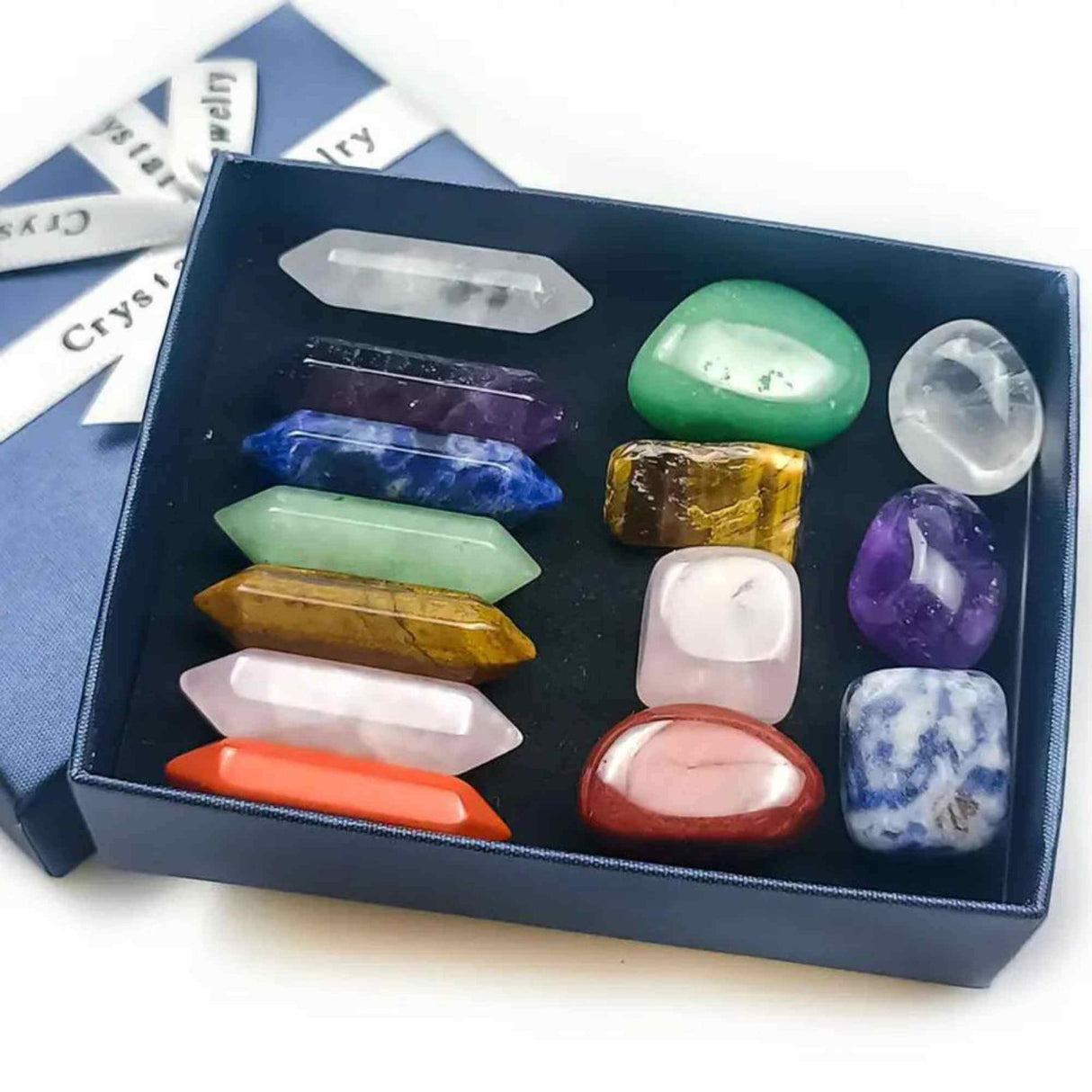 Mini set de cristale vindecatoare cu 14 cristale - Include 7 pietre naturale polisate si 7 turnuri cu dublu varf din cristale