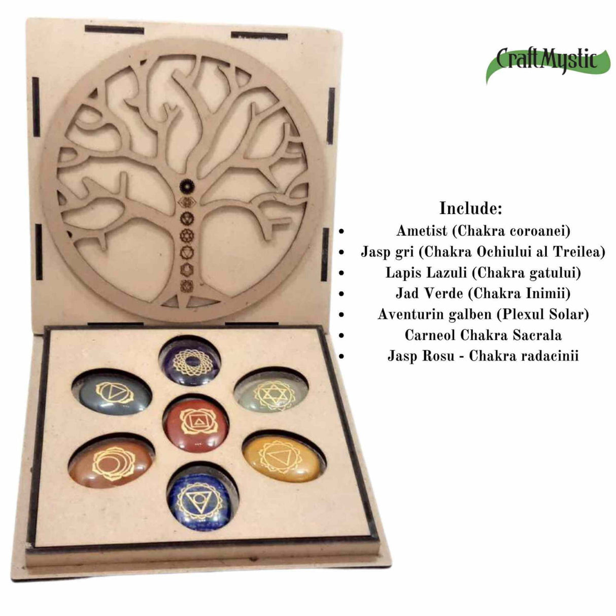 Set Complet cu 7 Pietre Chakra in Forma Ovala, Gravate cu Simboluri Reiki si Pastrate in Cutie din Lemn Natural - Cristale Terapeutice pentru Protectie, Meditatie si Energie Pozitiva