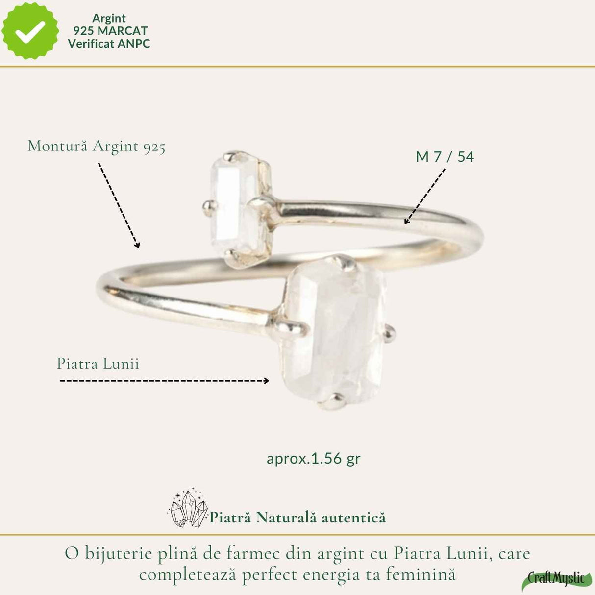 Inel argint 925 cu piatra lunii dubla dreptunghiulara – intuitie si echilibru