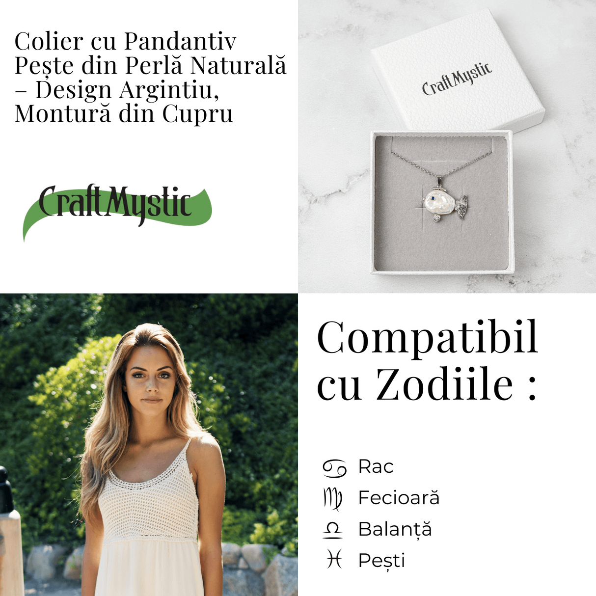 Echilibru si Puritate - Colier Peste cu Perla Naturala, Placat Argintiu