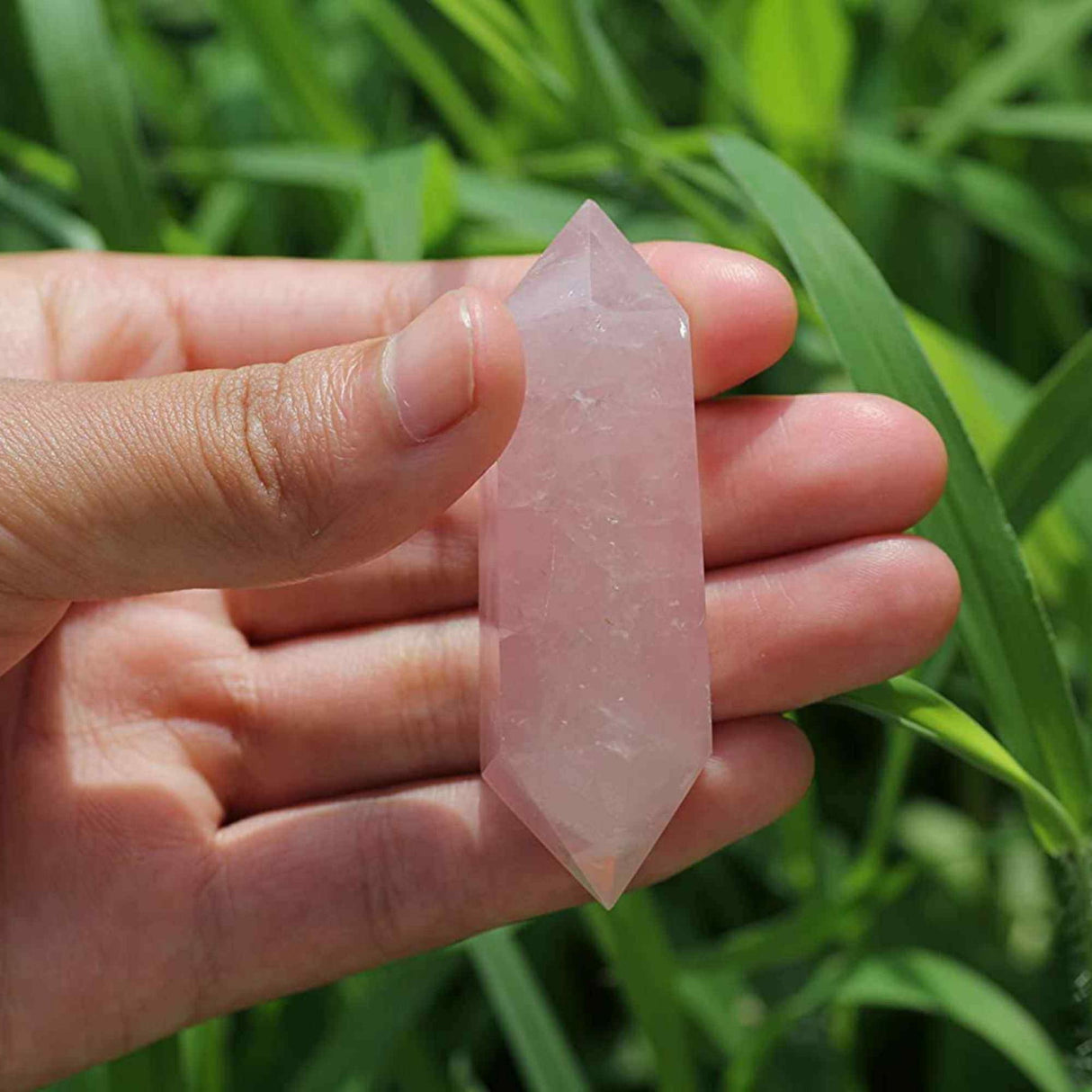 Turn Hexagonal Dublu Varf din Cuart Roz inaltime de 7-9 cm - Cristalul iubirii neconditionate si al pacii infinite