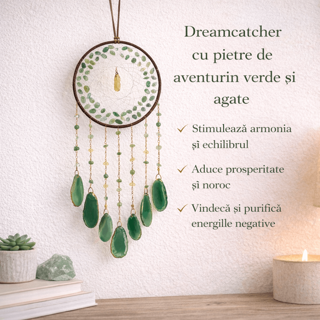 Dreamcatcher cu aventurin verde si felii agat, un cerc al sperantei si al echilibrului natural
