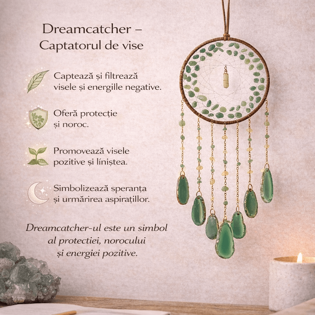 Dreamcatcher cu aventurin verde si felii agat, un cerc al sperantei si al echilibrului natural