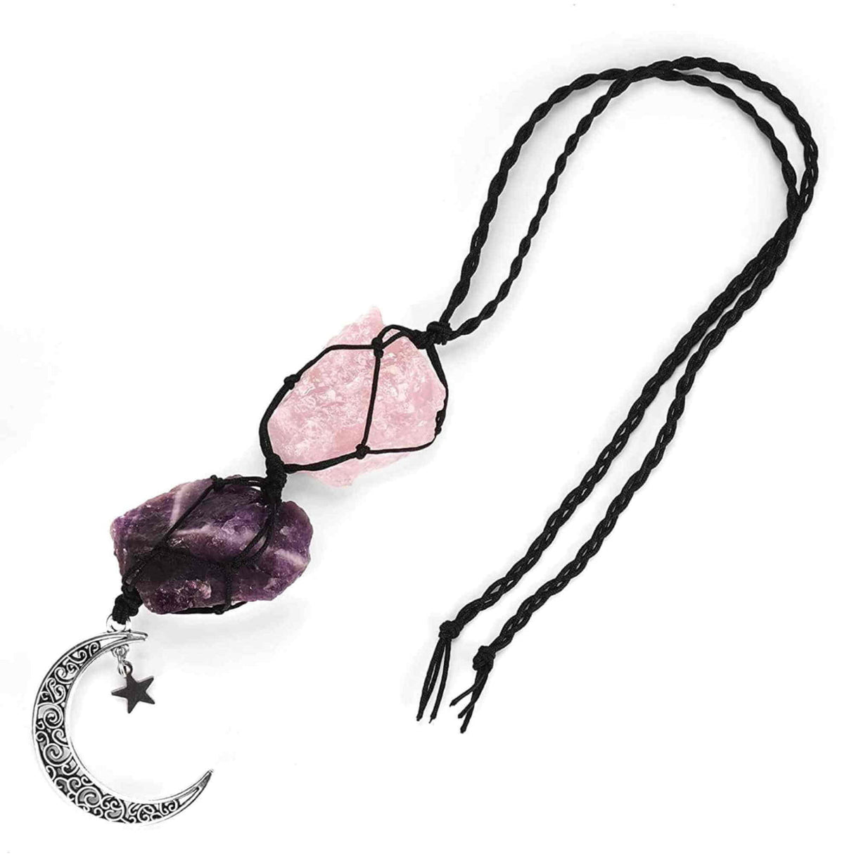 Ornament de agatat cu cristale vindecatoare Ametist si Turmalina Neagra, accesorii sub forma de semiluna si steluta Decor feng shui pentru oglinda masinii, casa si birou