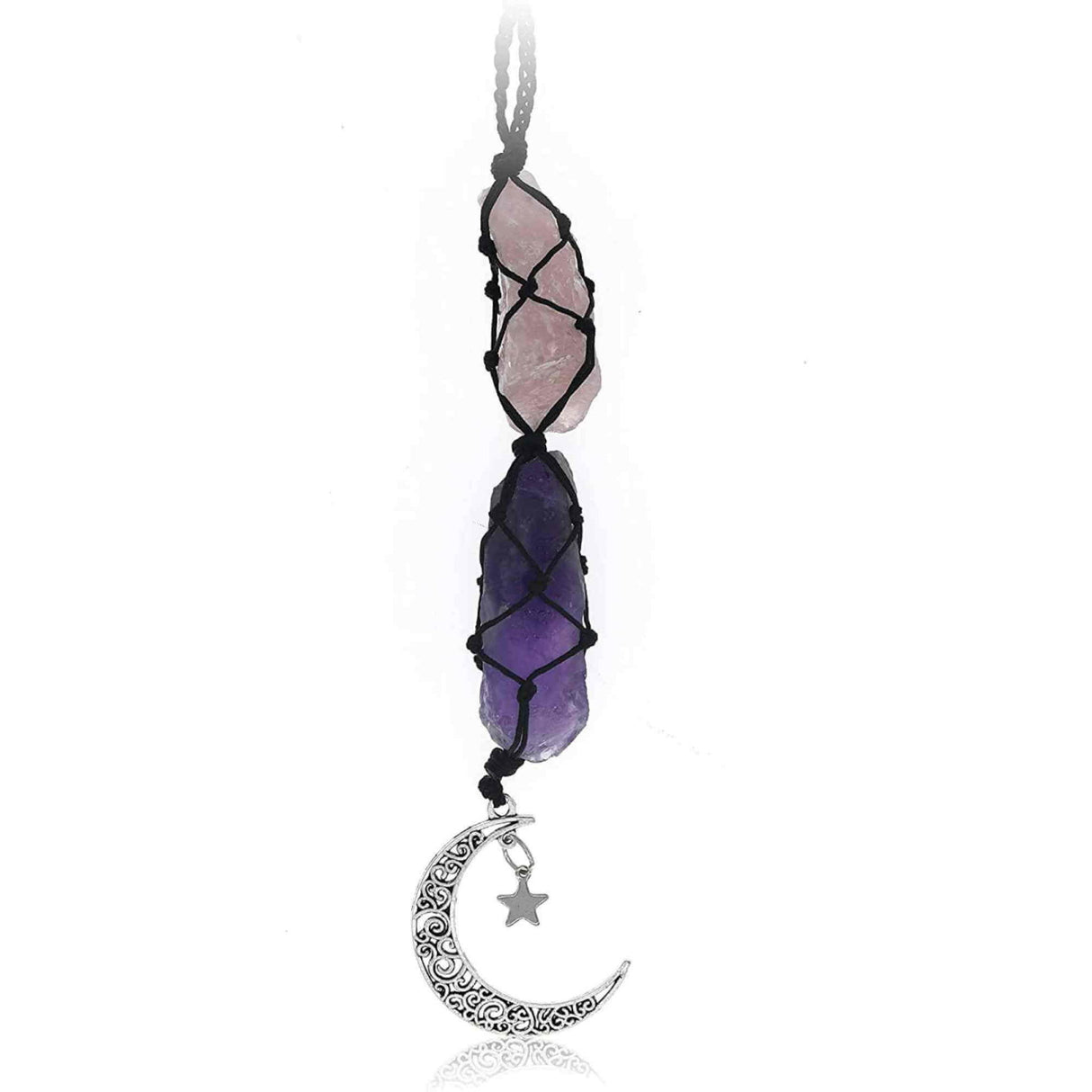 Ornament de agatat cu cristale vindecatoare Ametist si Turmalina Neagra, accesorii sub forma de semiluna si steluta Decor feng shui pentru oglinda masinii, casa si birou