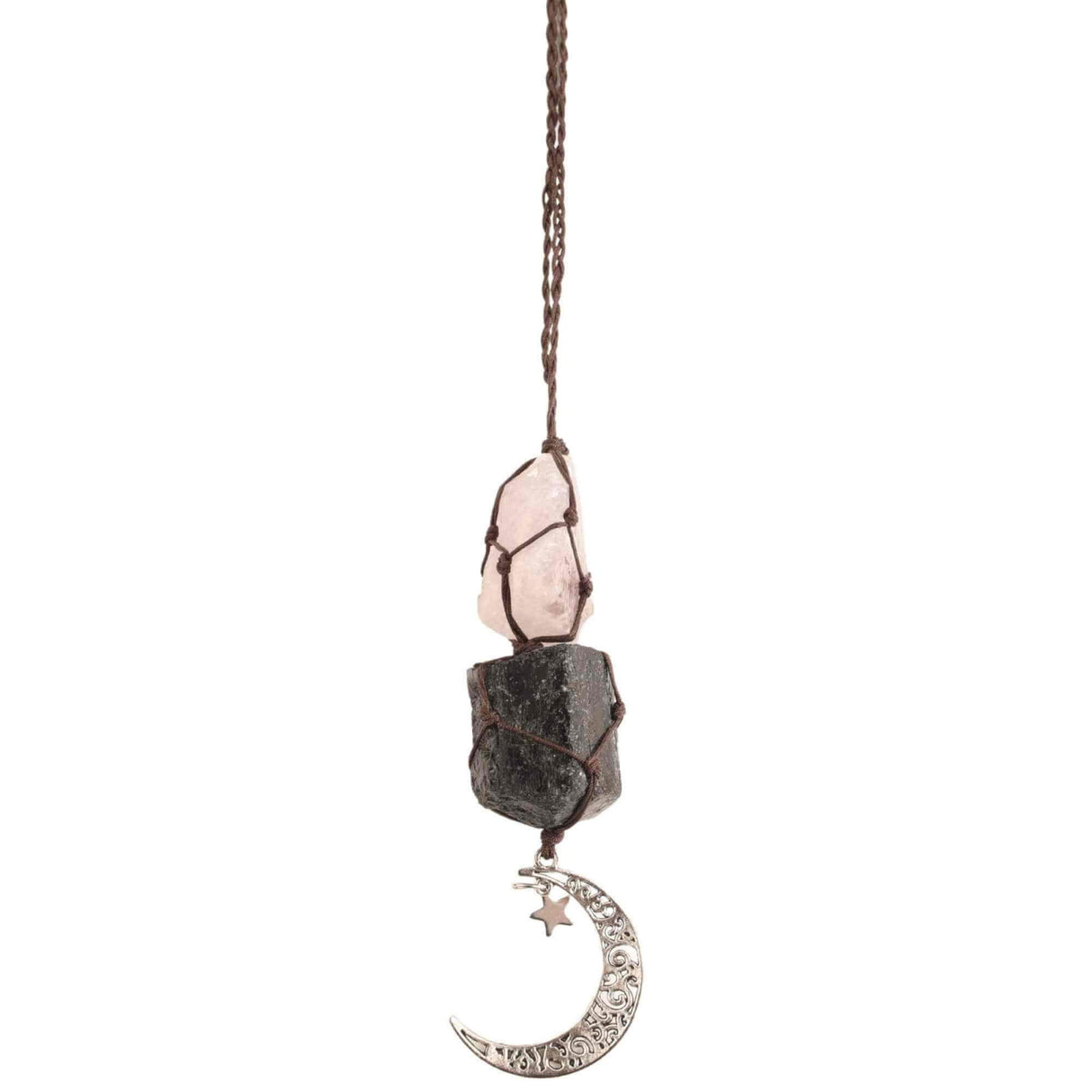 Ornament de agatat cu cristale vindecatoare Ametist si Turmalina Neagra, accesorii sub forma de semiluna si steluta Decor feng shui pentru oglinda masinii, casa si birou