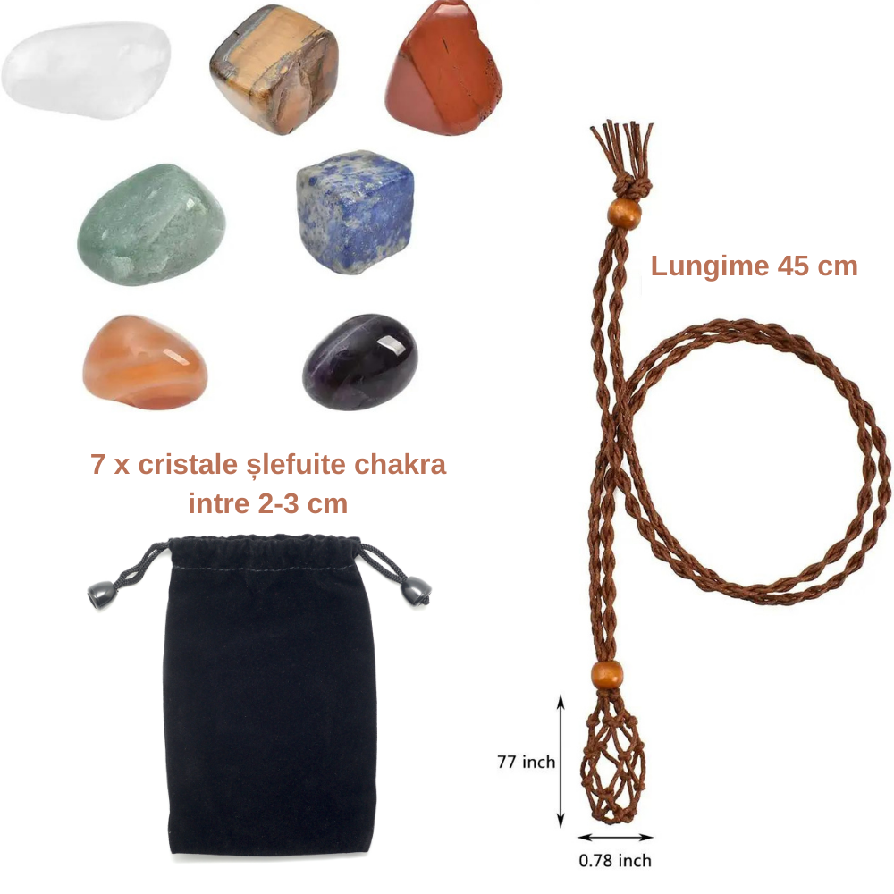 Set coliere ce contine 7 cristale naturale chakre si doua lanturi de franghie reglabile, realizate manual de diferite dimensiuni, un cadou ideal pentru femei, barbati si copii